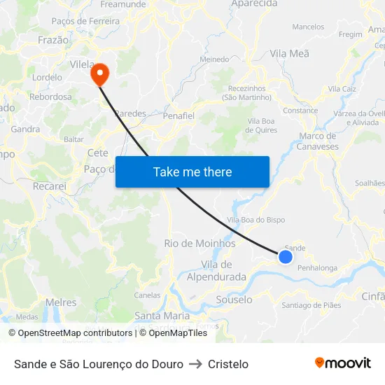 Sande e São Lourenço do Douro to Cristelo map