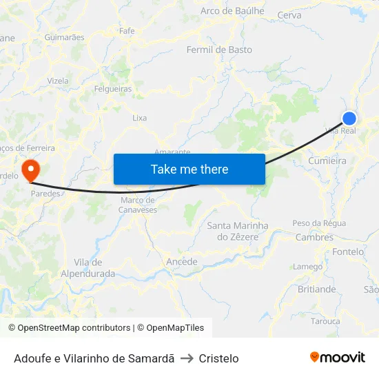 Adoufe e Vilarinho de Samardã to Cristelo map