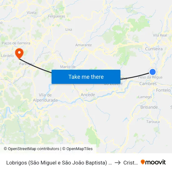 Lobrigos (São Miguel e São João Baptista) e Sanhoane to Cristelo map