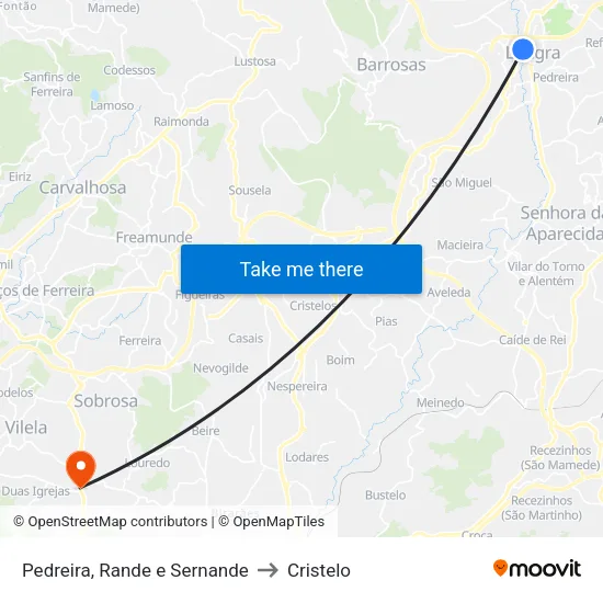 Pedreira, Rande e Sernande to Cristelo map