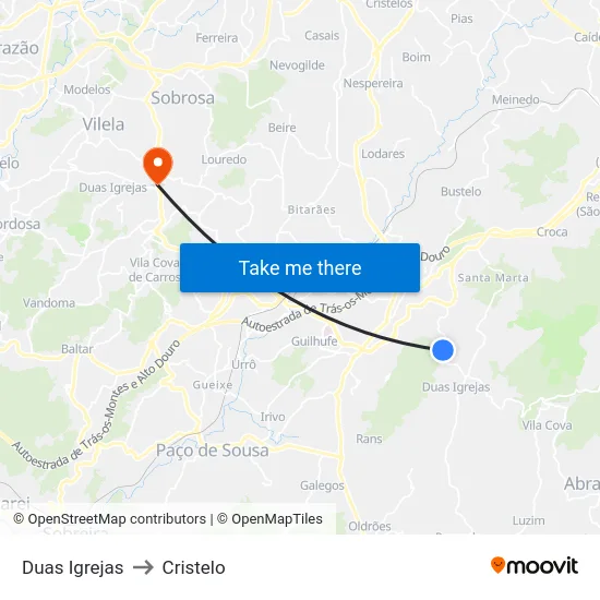 Duas Igrejas to Cristelo map