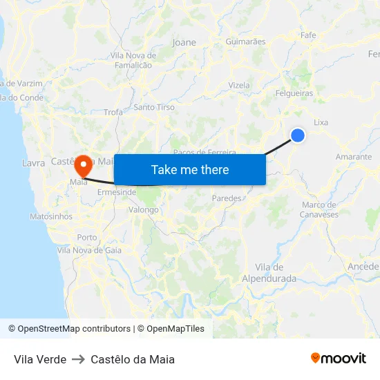 Vila Verde to Castêlo da Maia map