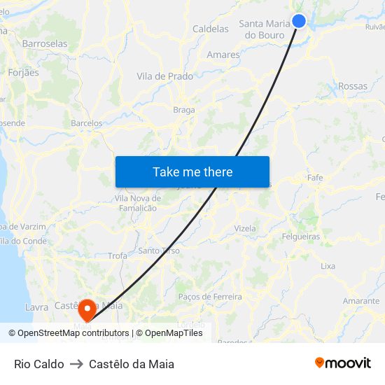 Rio Caldo to Castêlo da Maia map