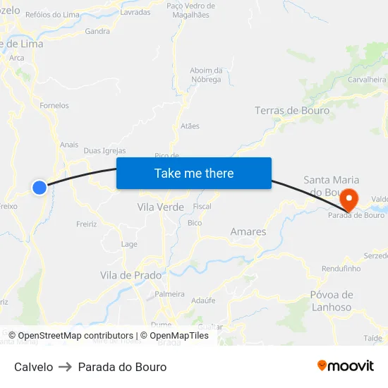 Calvelo to Parada do Bouro map