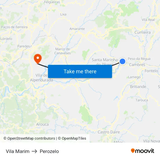 Vila Marim to Perozelo map