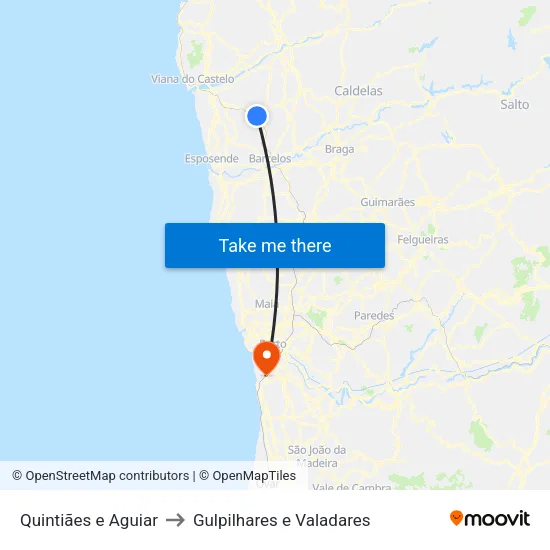 Quintiães e Aguiar to Gulpilhares e Valadares map