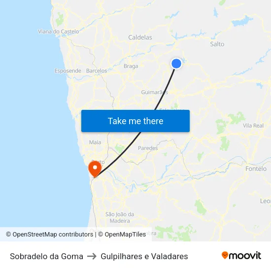 Sobradelo da Goma to Gulpilhares e Valadares map