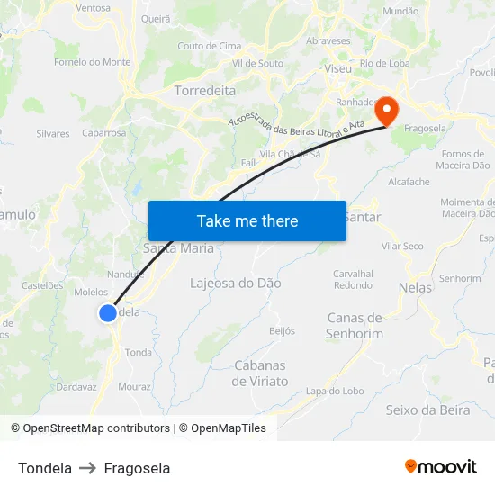 Tondela to Fragosela map