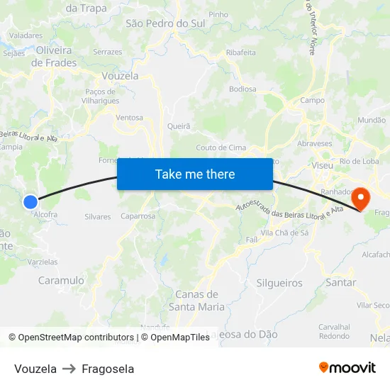 Vouzela to Fragosela map