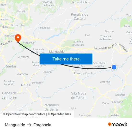 Mangualde to Fragosela map