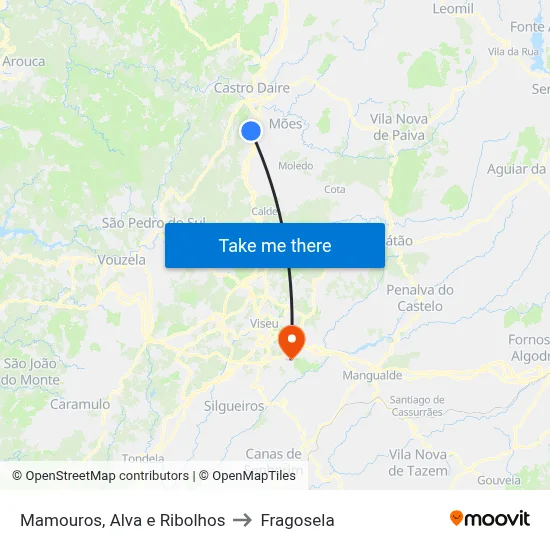 Mamouros, Alva e Ribolhos to Fragosela map