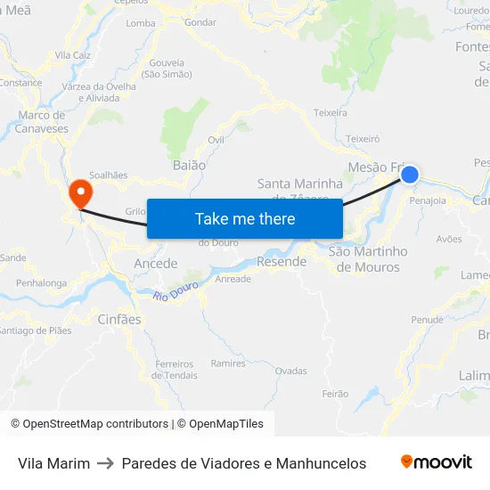 Vila Marim to Paredes de Viadores e Manhuncelos map