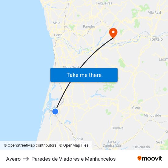 Aveiro to Paredes de Viadores e Manhuncelos map