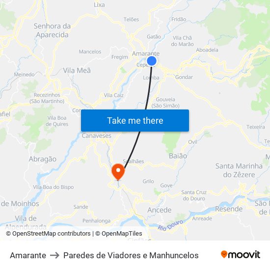 Amarante to Paredes de Viadores e Manhuncelos map
