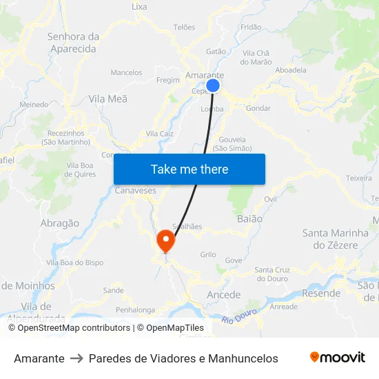 Amarante to Paredes de Viadores e Manhuncelos map