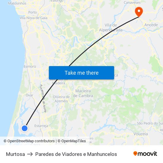 Murtosa to Paredes de Viadores e Manhuncelos map