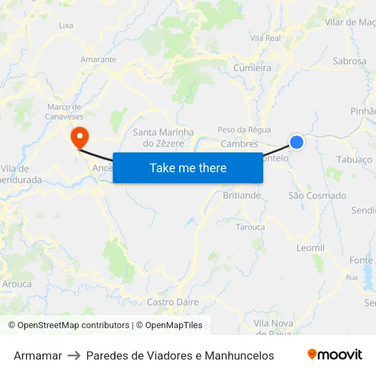 Armamar to Paredes de Viadores e Manhuncelos map