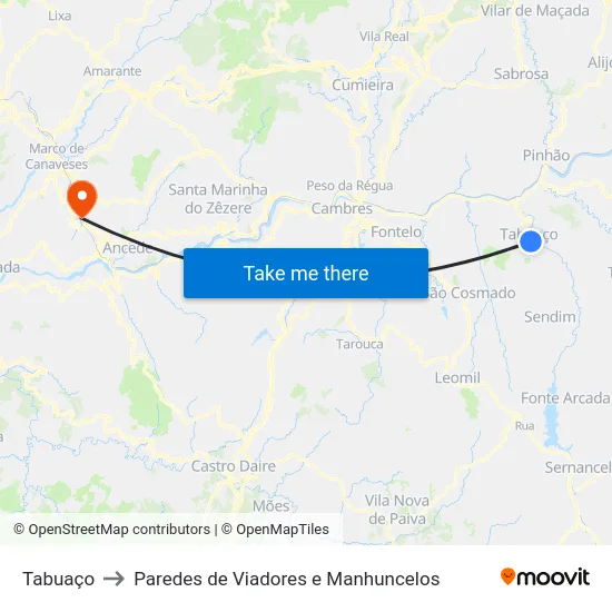 Tabuaço to Paredes de Viadores e Manhuncelos map