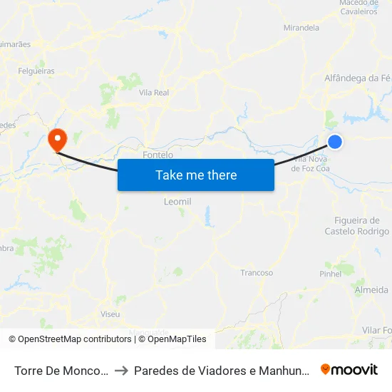 Torre De Moncorvo to Paredes de Viadores e Manhuncelos map
