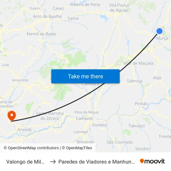 Valongo de Milhais to Paredes de Viadores e Manhuncelos map