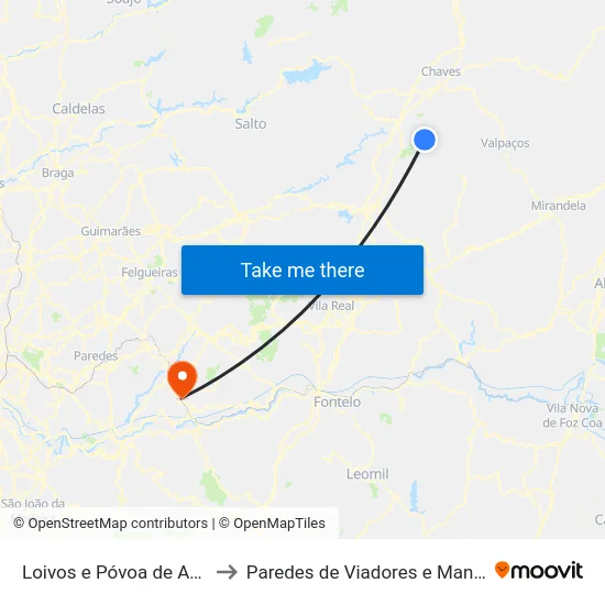 Loivos e Póvoa de Agrações to Paredes de Viadores e Manhuncelos map