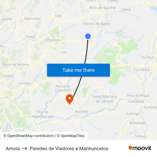 Arnoia to Paredes de Viadores e Manhuncelos map