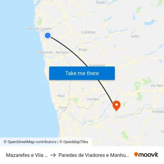 Mazarefes e Vila Fria to Paredes de Viadores e Manhuncelos map