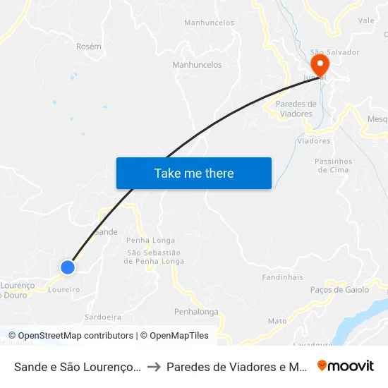 Sande e São Lourenço do Douro to Paredes de Viadores e Manhuncelos map