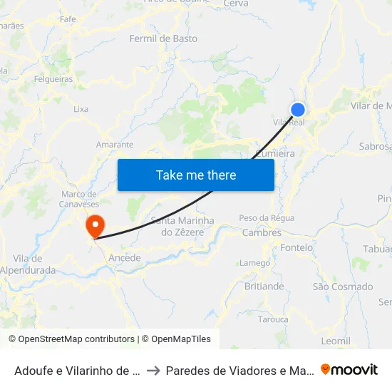 Adoufe e Vilarinho de Samardã to Paredes de Viadores e Manhuncelos map