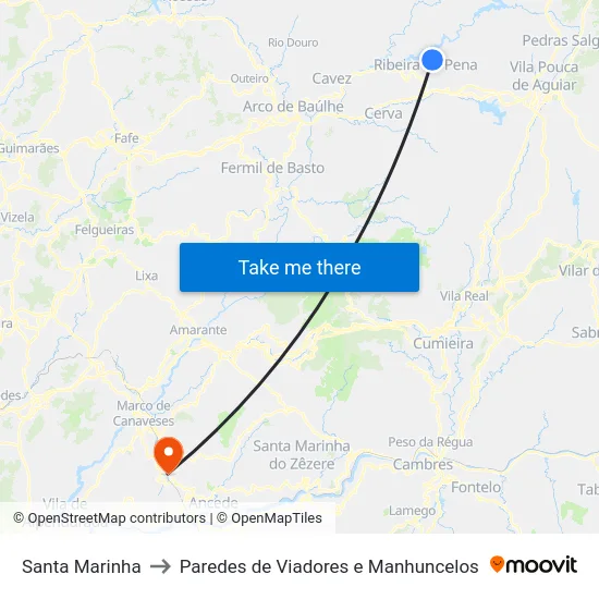 Santa Marinha to Paredes de Viadores e Manhuncelos map
