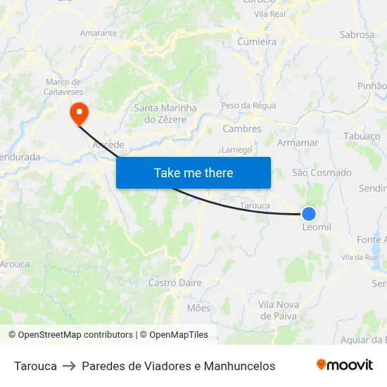 Tarouca to Paredes de Viadores e Manhuncelos map