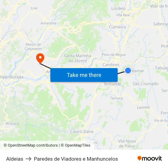 Aldeias to Paredes de Viadores e Manhuncelos map