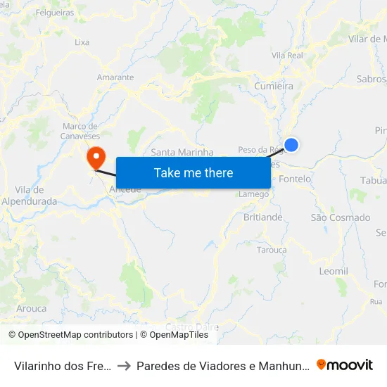 Vilarinho dos Freires to Paredes de Viadores e Manhuncelos map