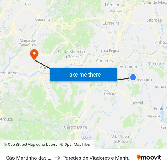 São Martinho das Chãs to Paredes de Viadores e Manhuncelos map
