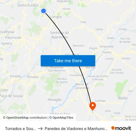 Torrados e Sousa to Paredes de Viadores e Manhuncelos map
