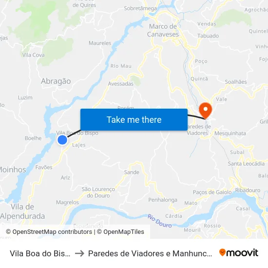 Vila Boa do Bispo to Paredes de Viadores e Manhuncelos map