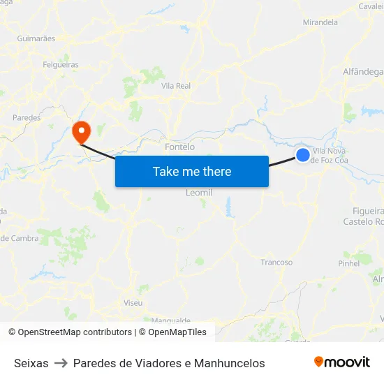Seixas to Paredes de Viadores e Manhuncelos map