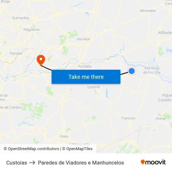 Custoias to Paredes de Viadores e Manhuncelos map