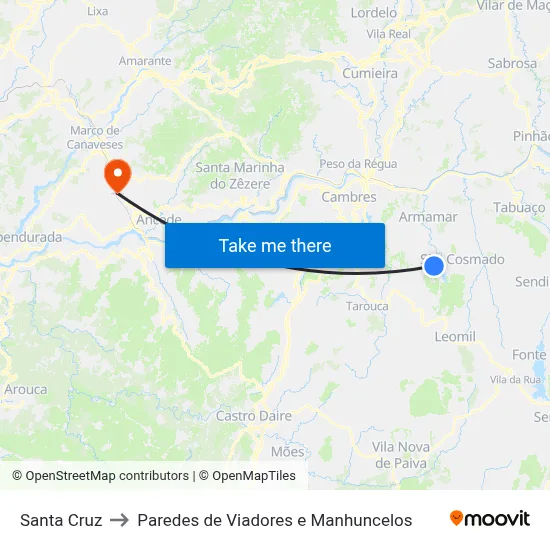 Santa Cruz to Paredes de Viadores e Manhuncelos map