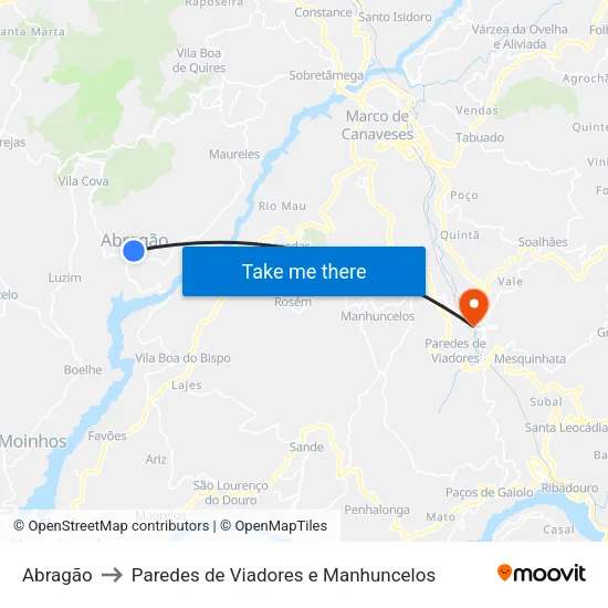 Abragão to Paredes de Viadores e Manhuncelos map