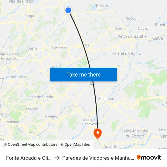 Fonte Arcada e Oliveira to Paredes de Viadores e Manhuncelos map