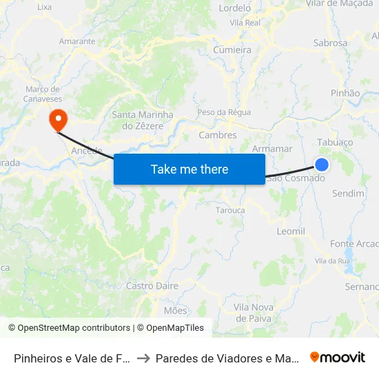 Pinheiros e Vale de Figueiras to Paredes de Viadores e Manhuncelos map