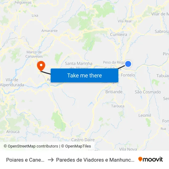 Poiares e Canelas to Paredes de Viadores e Manhuncelos map