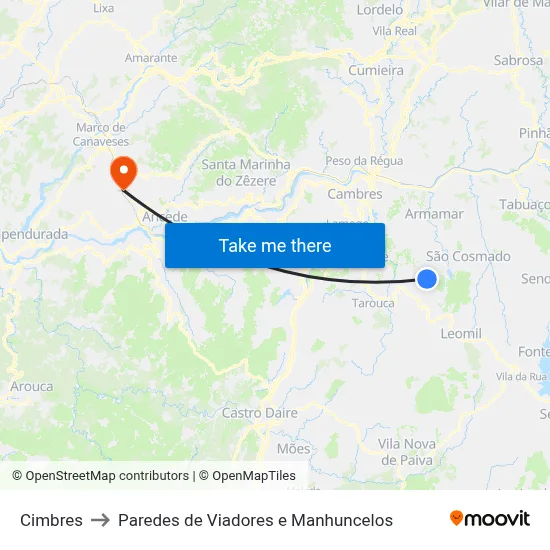 Cimbres to Paredes de Viadores e Manhuncelos map