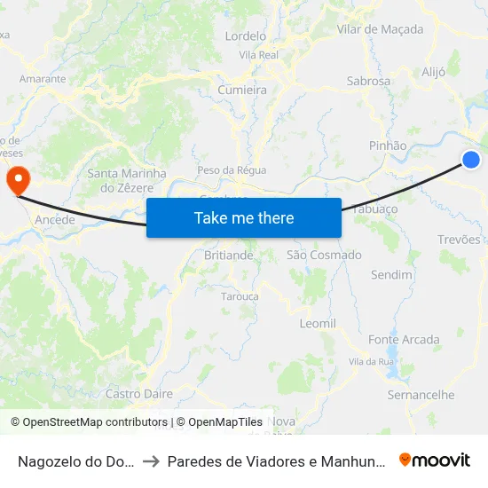 Nagozelo do Douro to Paredes de Viadores e Manhuncelos map
