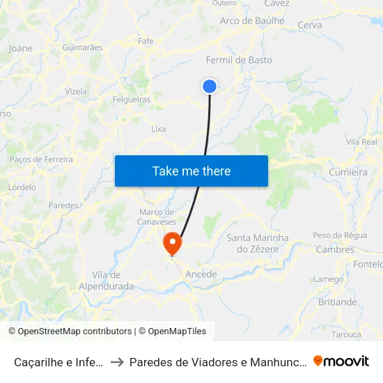 Caçarilhe e Infesta to Paredes de Viadores e Manhuncelos map