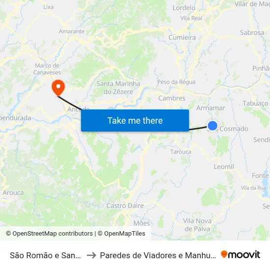 São Romão e Santiago to Paredes de Viadores e Manhuncelos map