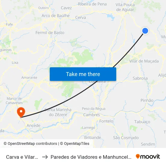 Carva e Vilares to Paredes de Viadores e Manhuncelos map