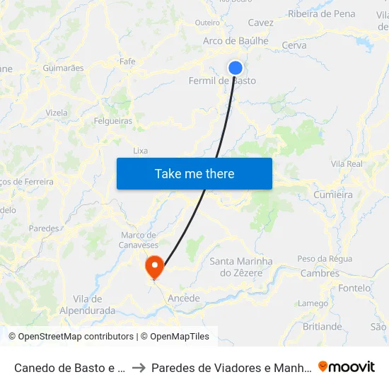 Canedo de Basto e Corgo to Paredes de Viadores e Manhuncelos map