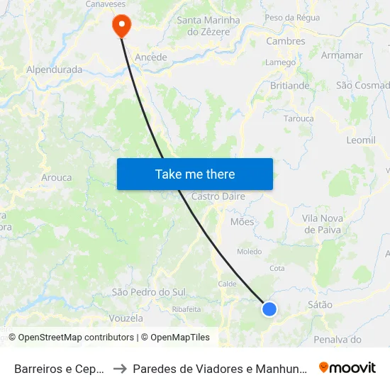 Barreiros e Cepões to Paredes de Viadores e Manhuncelos map